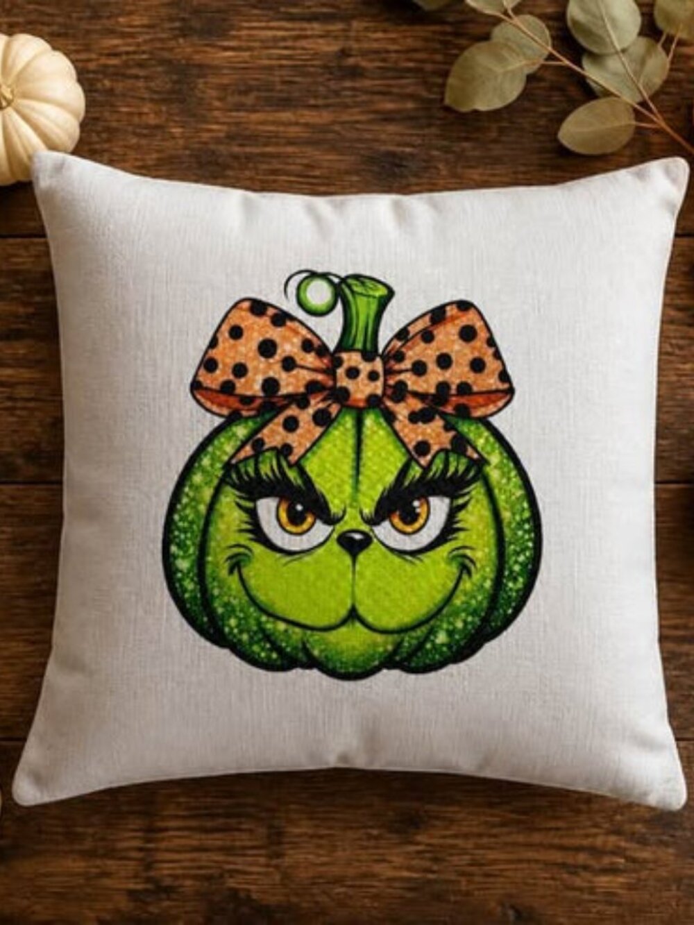 Green Halloween Pumpkin Pillow Cover 16.5” x 16.5” Orange Bow Fall Decor - Picture 2 of 3